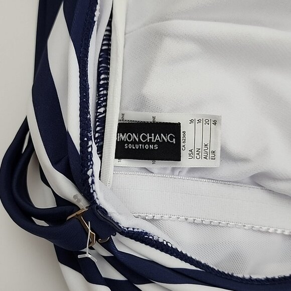 Simon Chang Solutions One-Piece Swimsuit Blue White Stripe High Back Size 16 - Picture 5 of 12